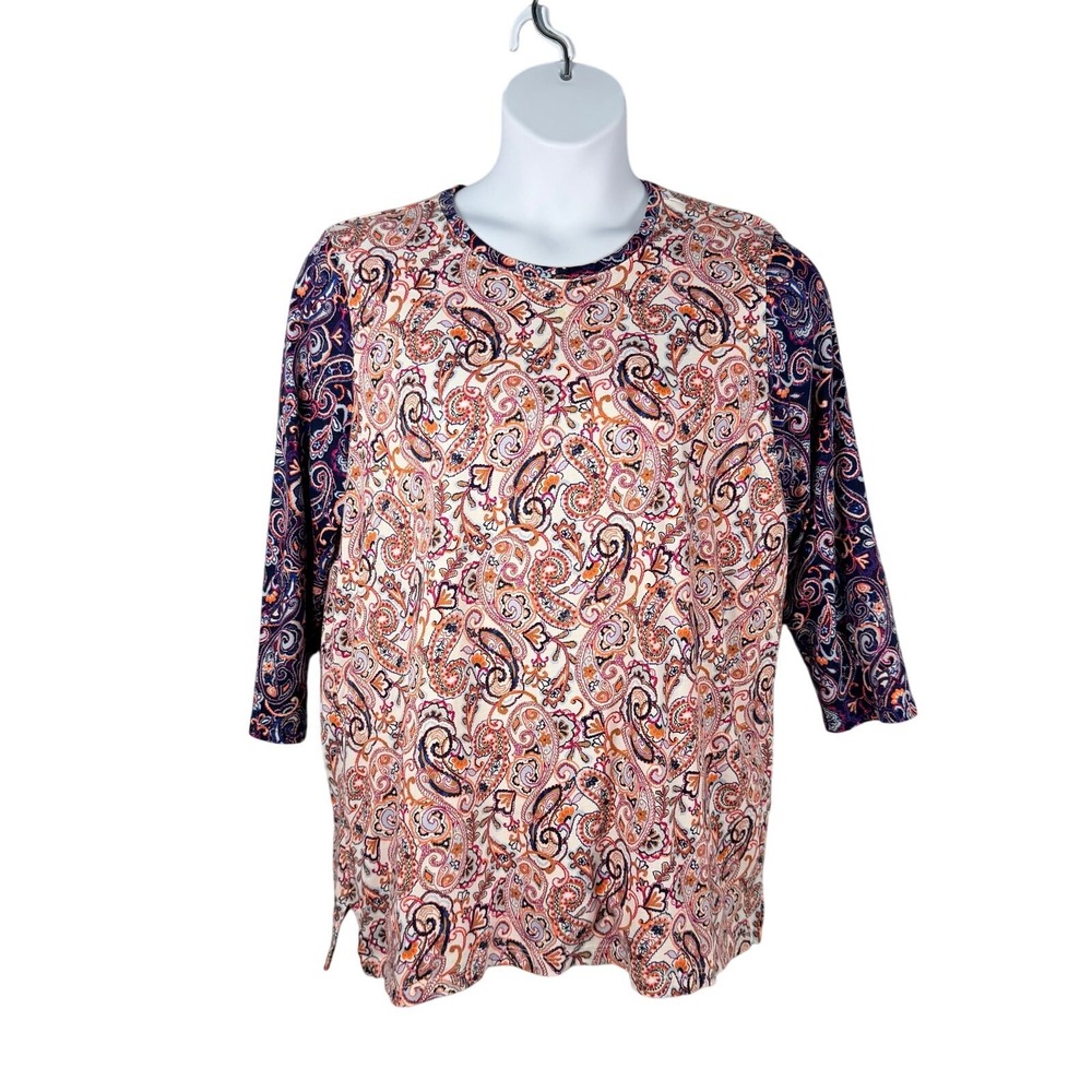Lands End T-shirt XL 18 Paisley 3/4 Sleeve Supima‎ Cotton Tunic Country Casual